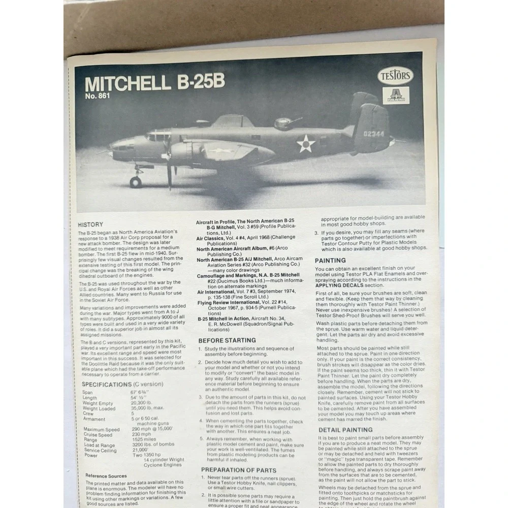 Testors Mitchell B-25B 1/72 Model Kit No 861 Vintage Open Box